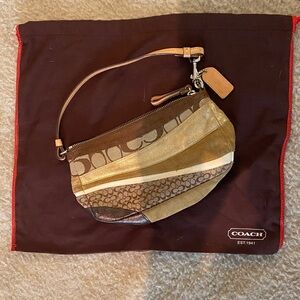 Coach Signature Stripe Patchwork Wristlet – Classic Brown / Gold Accents